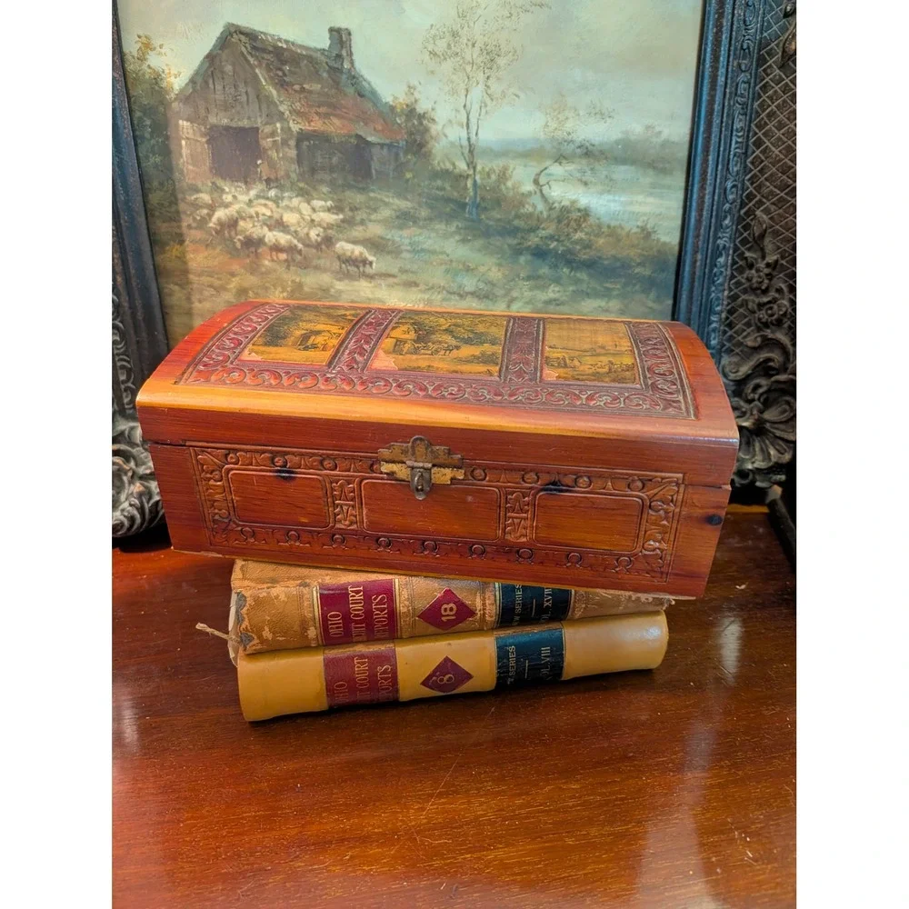Vintage Carved Cedar Wood Jewelry Box Pastoral Landscape Mirror Trinket Chest